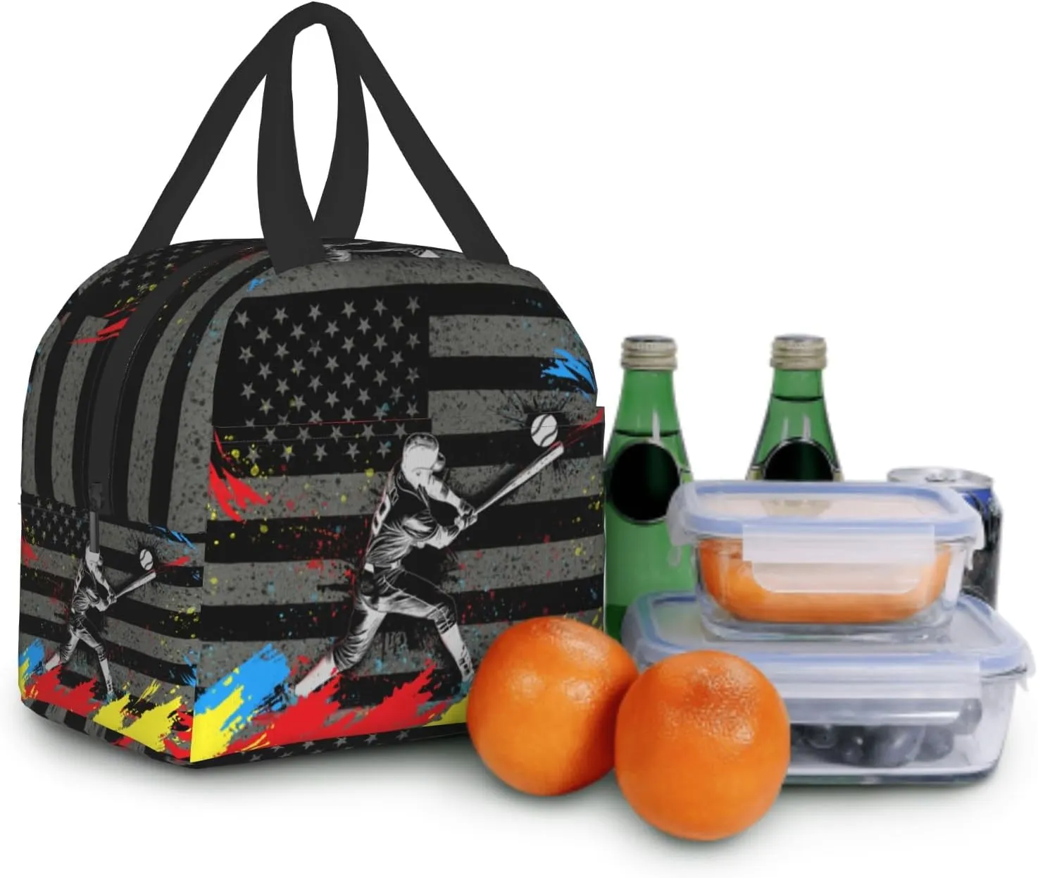 Baseball Player Lunch Bag for Sports Boys American Flag Reusable Insulated Lunch Tote Lunch Box Black Cooler Thermal Lunch Tote Bag for School Work Picnic