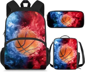Basketball Backpack for Kids Boys Preschool Elementary School Bookbag Print Cool Children Kids School Bag with Small Lunch Box Pencil Bag 3 Pcs Child Student Backpack Set