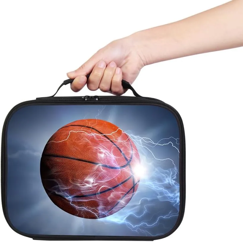 Basketball Print Portable Lunch Bag without Shoulder Strap, Reusable Insulated Lunch Box Cooler Bag for Kids Boys Girls