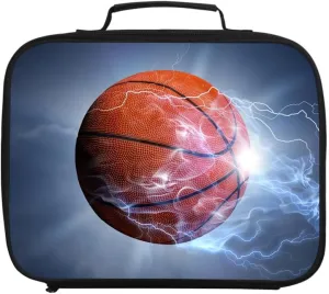 Basketball Print Portable Lunch Bag without Shoulder Strap, Reusable Insulated Lunch Box Cooler Bag for Kids Boys Girls