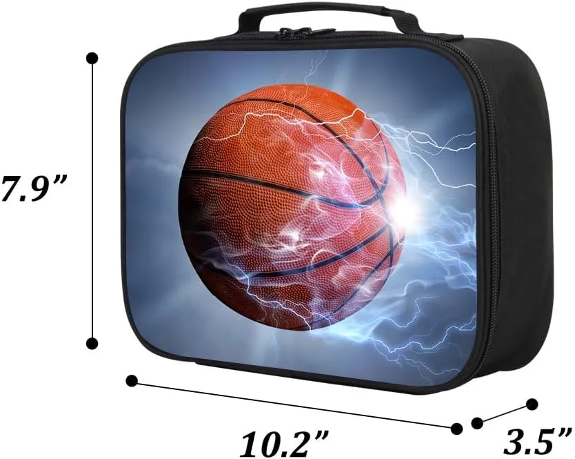 Basketball Print Portable Lunch Bag without Shoulder Strap, Reusable Insulated Lunch Box Cooler Bag for Kids Boys Girls