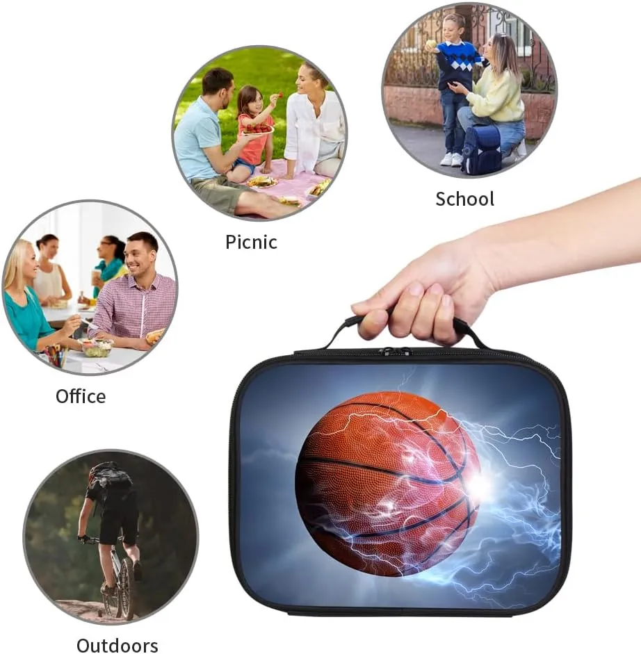 Basketball Print Portable Lunch Bag without Shoulder Strap, Reusable Insulated Lunch Box Cooler Bag for Kids Boys Girls