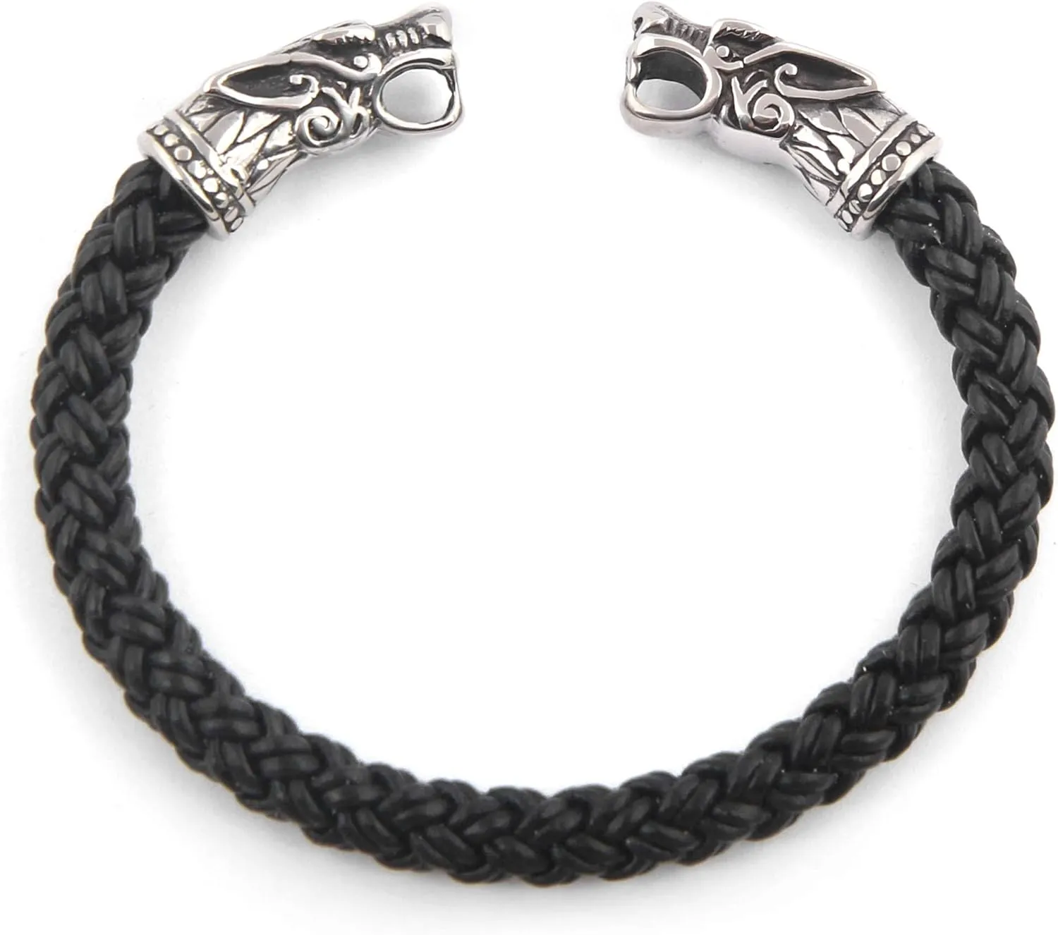 BAVIPOWER Handcrafted Fenrir Wolf Head Torc Bangle Bracelet Flexible Genuine Leather Stainless Steel Norse Scandinavian Bracelet Authentic Viking Men Bracelet
