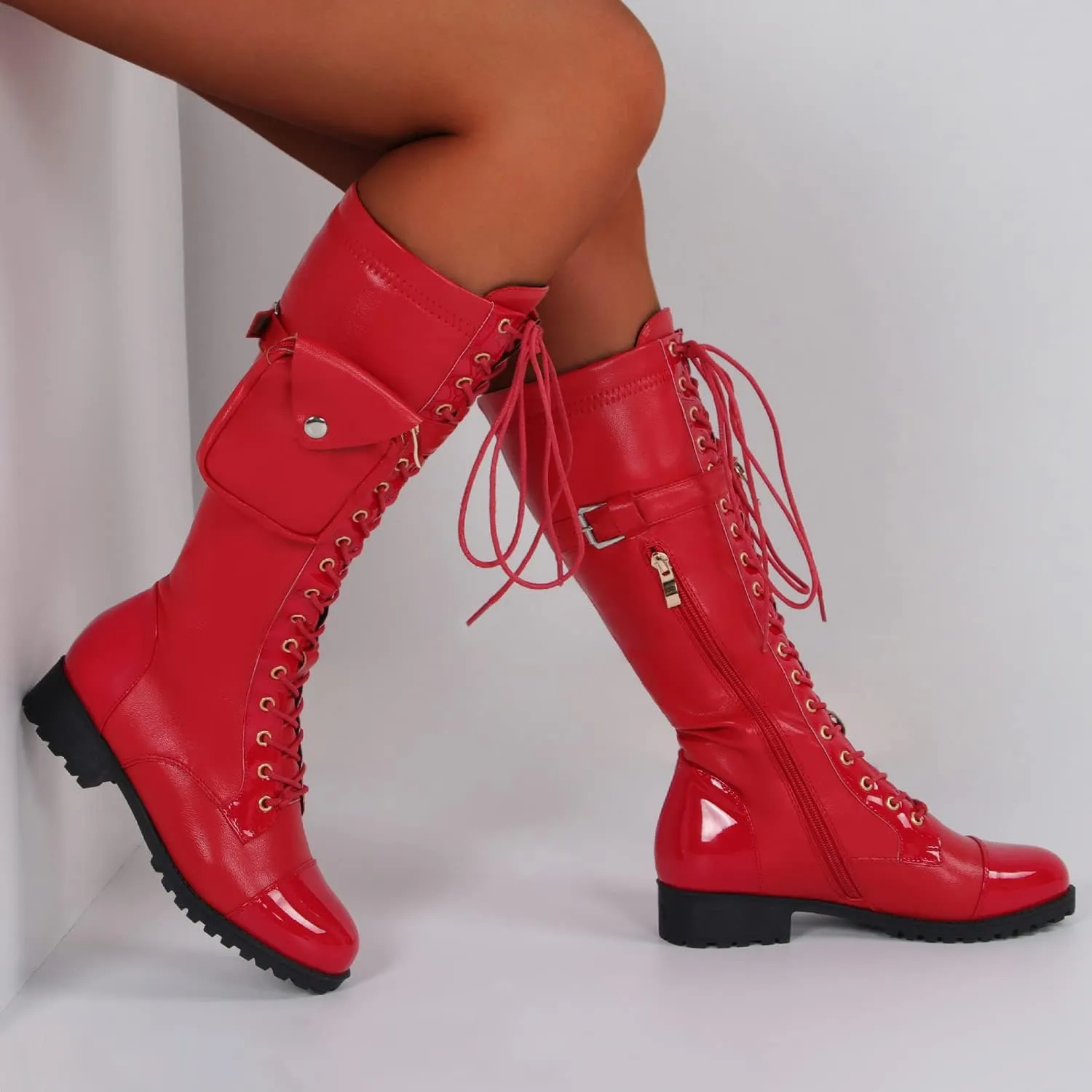 bbruriy Women's Stretch Sexy PU Leather The Knee Boots Chunky Low Heel Thigh High Boots with Small Bag Decoration Fall Winter Long Boots