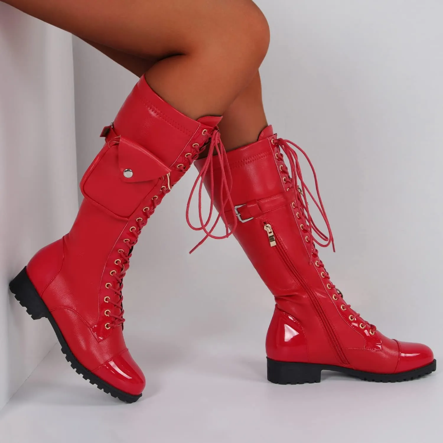 bbruriy Women's Stretch Sexy PU Leather The Knee Boots Chunky Low Heel Thigh High Boots with Small Bag Decoration Fall Winter Long Boots