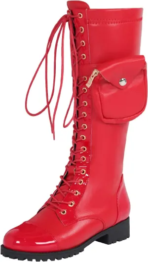 bbruriy Women's Stretch Sexy PU Leather The Knee Boots Chunky Low Heel Thigh High Boots with Small Bag Decoration Fall Winter Long Boots