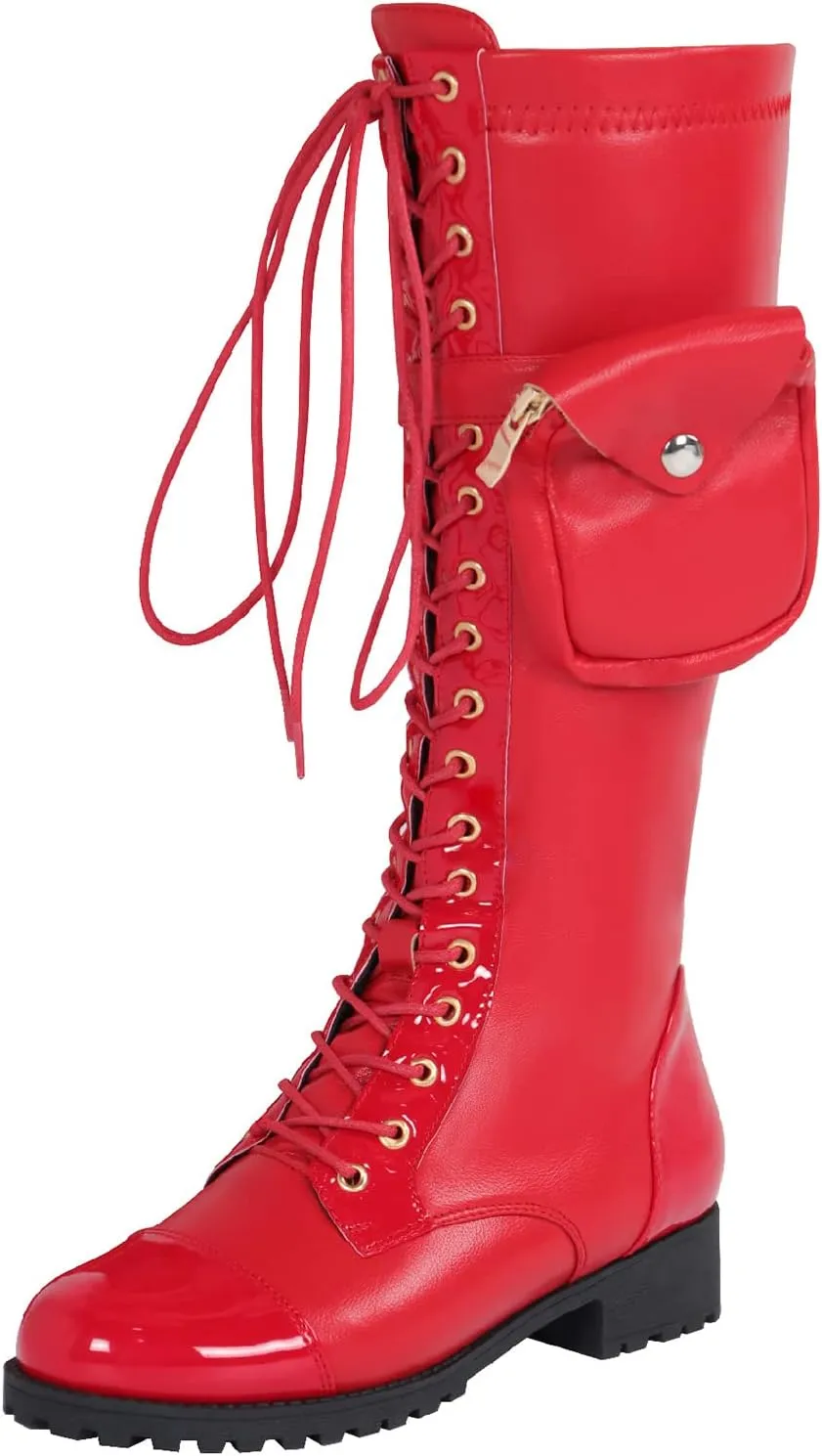 bbruriy Women's Stretch Sexy PU Leather The Knee Boots Chunky Low Heel Thigh High Boots with Small Bag Decoration Fall Winter Long Boots