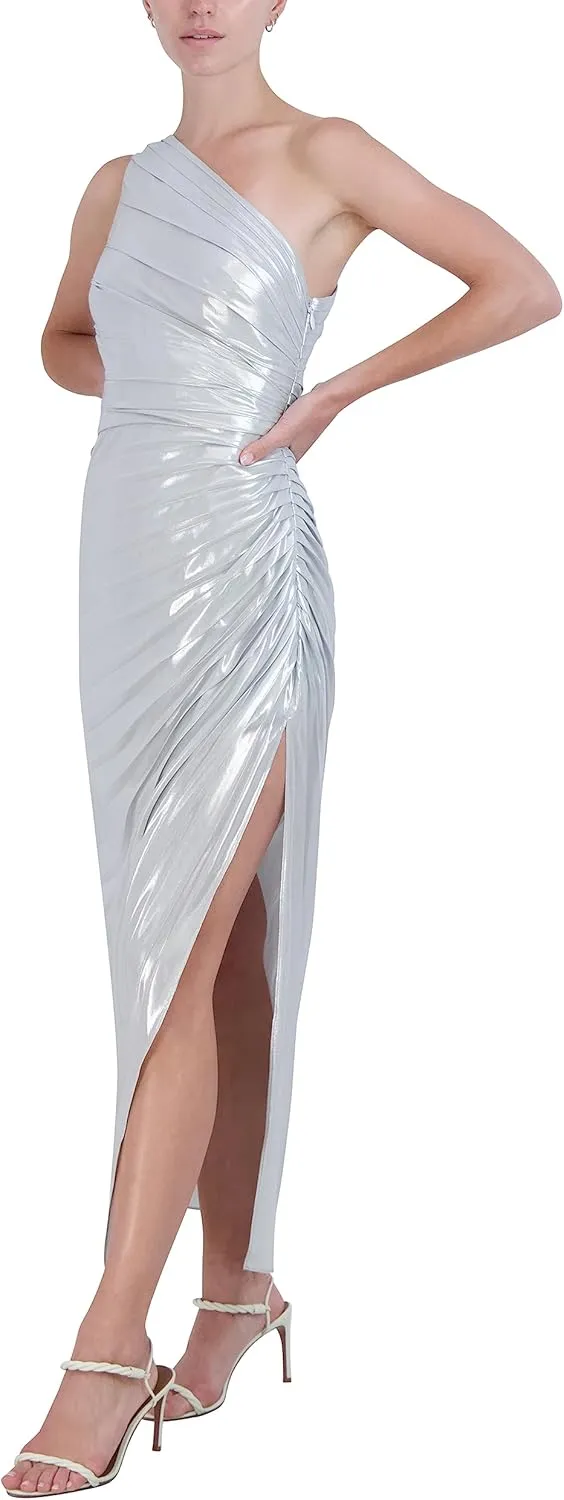 BCBGMAXAZRIA Women's One Shoulder Neck Sunburst Pleated Maxi Dress