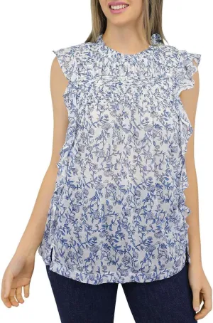 BEACHLUNCHLOUNGE Collection Womens White Ruffled Keyhole Back Pintuck Front Yoke Floral Flutter Sleeve Round Neck Top S