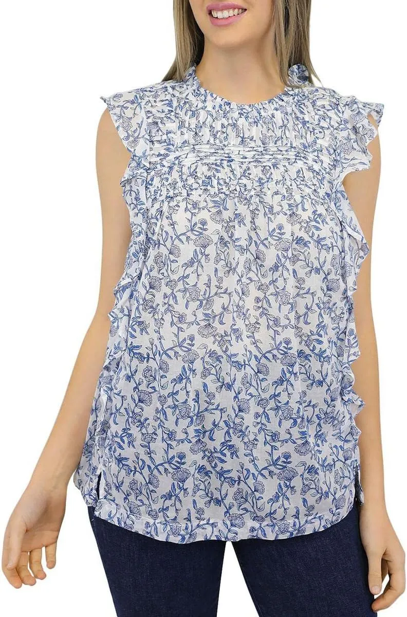 BEACHLUNCHLOUNGE Collection Womens White Ruffled Keyhole Back Pintuck Front Yoke Floral Flutter Sleeve Round Neck Top S