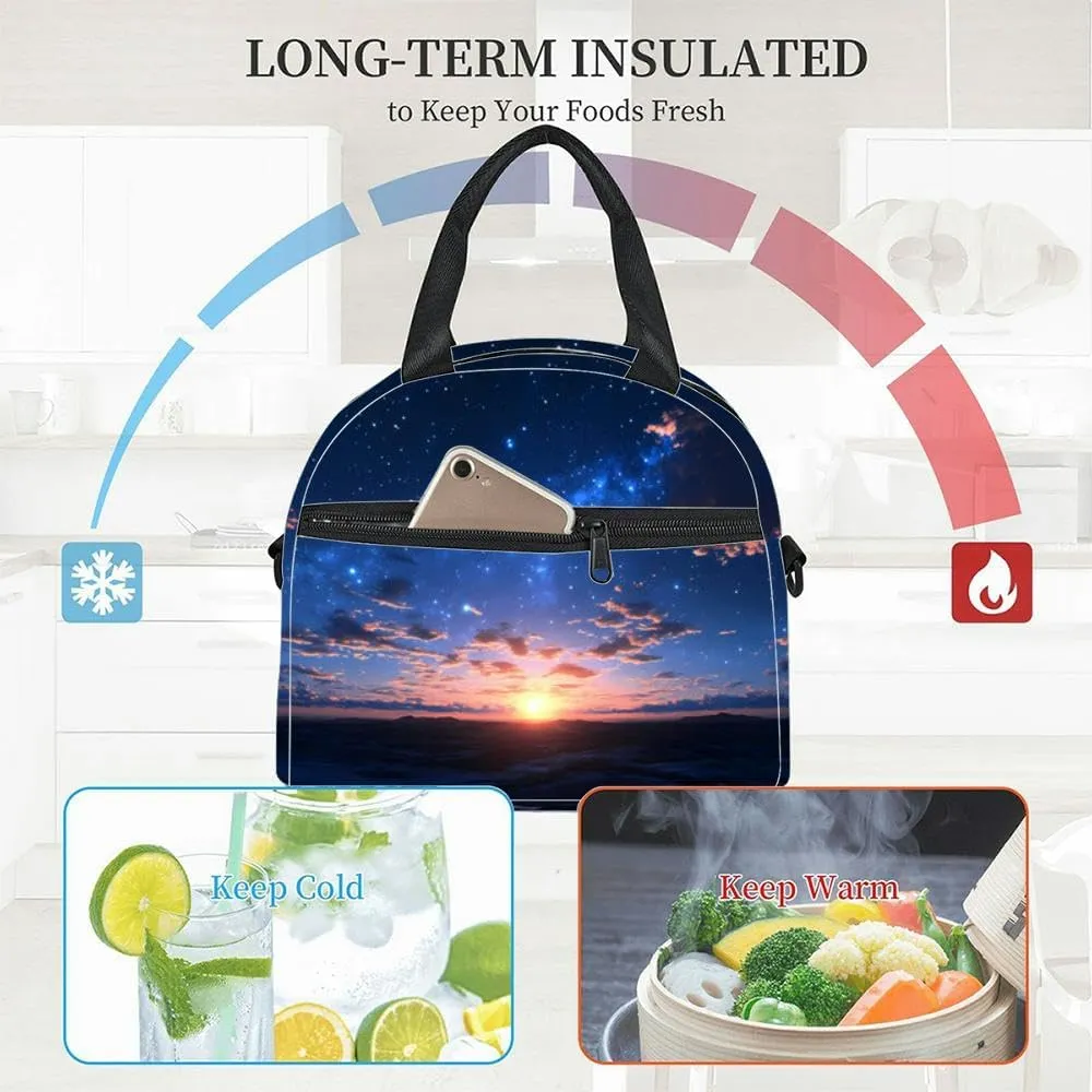 Beautiful dark blue sky milky way and stars at sunset panorama Insulated Adult Lunch Bag with Shoulder Strap for Women Lightweight Reusable Portable Freezable Lunch Tote Bag for Work Picnic