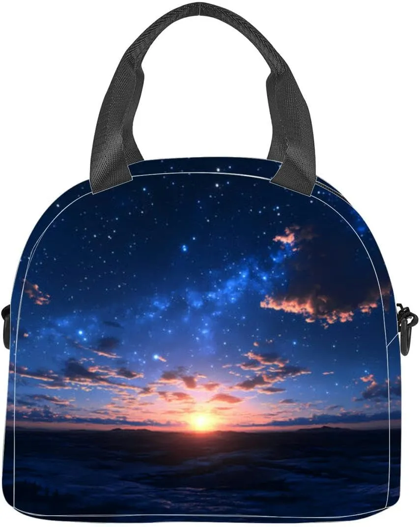 Beautiful dark blue sky milky way and stars at sunset panorama Insulated Adult Lunch Bag with Shoulder Strap for Women Lightweight Reusable Portable Freezable Lunch Tote Bag for Work Picnic