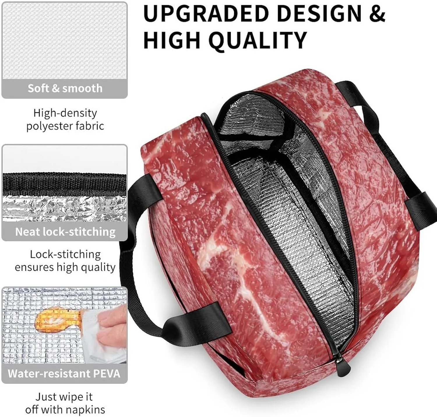 Beef Meat Cute Lunch Bags for Men And Women, Large Capacity Lunch Tote Bags with Adjustable Shoulder Straps, Reusable Insulated Lunch Boxes