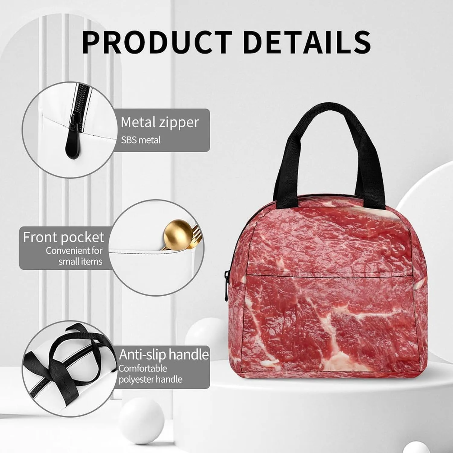 Beef Meat Cute Lunch Bags for Men And Women, Large Capacity Lunch Tote Bags with Adjustable Shoulder Straps, Reusable Insulated Lunch Boxes