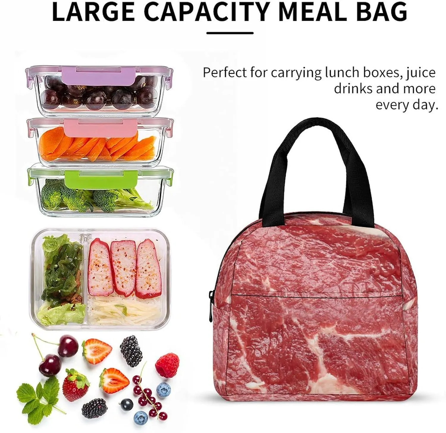 Beef Meat Cute Lunch Bags for Men And Women, Large Capacity Lunch Tote Bags with Adjustable Shoulder Straps, Reusable Insulated Lunch Boxes