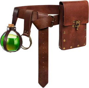 Belt Pouch Waist Bag Fanny Pack Steampunk Phone Holder Medieval Bag Leather Belt Renaissance Cosplay Costume Accessories (3Bottle-Brown)