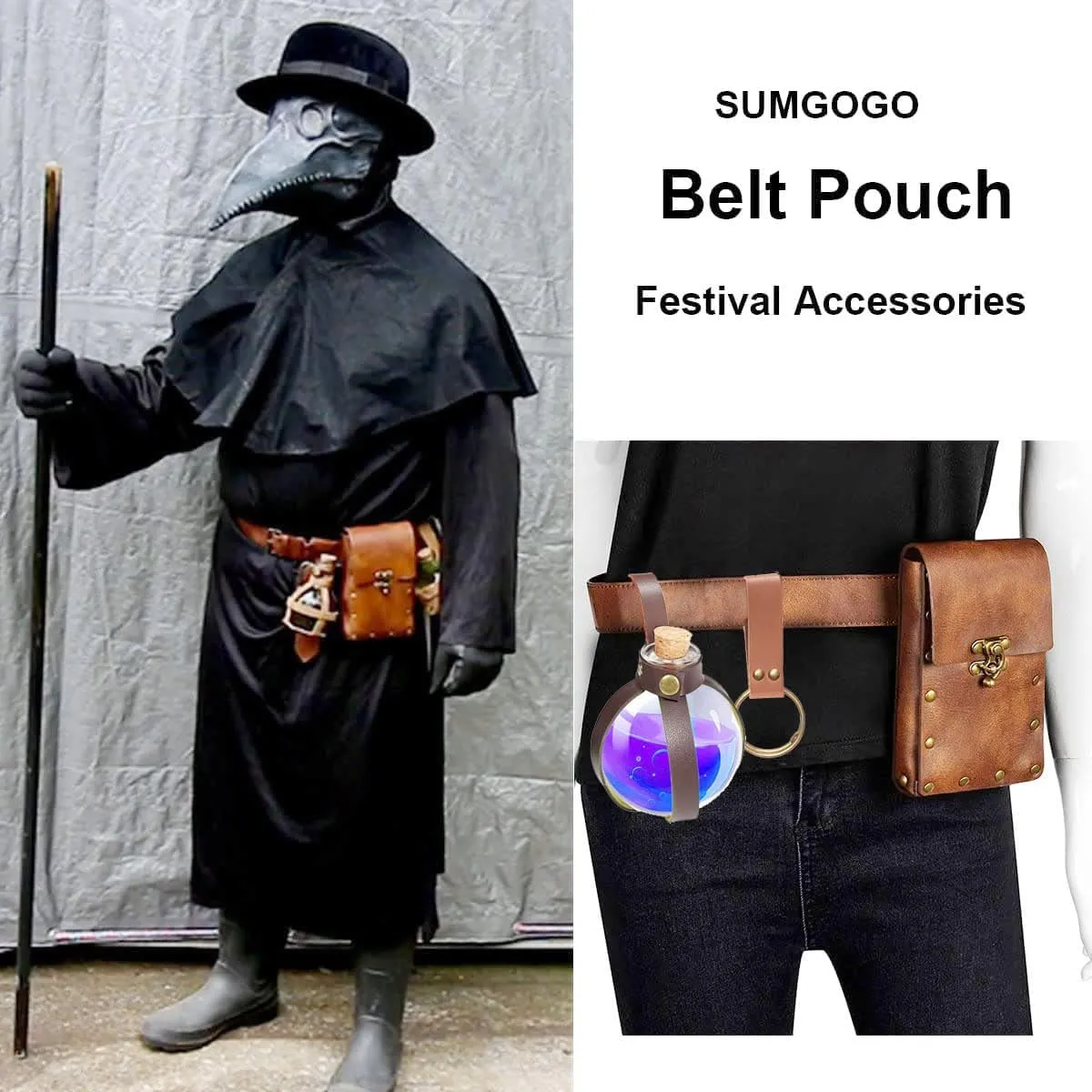 Belt Pouch Waist Bag Fanny Pack Steampunk Phone Holder Medieval Bag Leather Belt Renaissance Cosplay Costume Accessories (3Bottle-Brown)