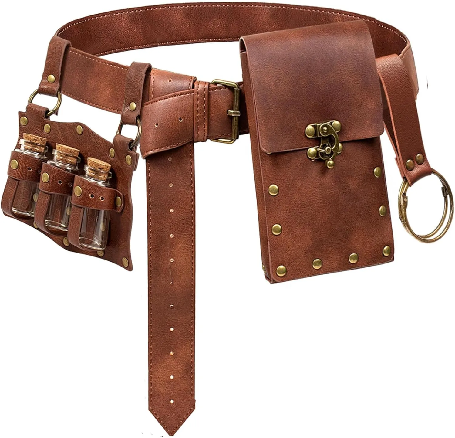 Belt Pouch Waist Bag Fanny Pack Steampunk Phone Holder Medieval Bag Leather Belt Renaissance Cosplay Costume Accessories (3Bottle-New/Brown)