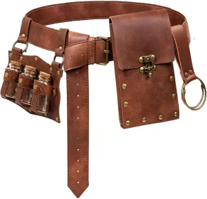 Belt Pouch Waist Bag Fanny Pack Steampunk Phone Holder Medieval Bag Leather Belt Renaissance Cosplay Costume Accessories (3Bottle-New/Brown)