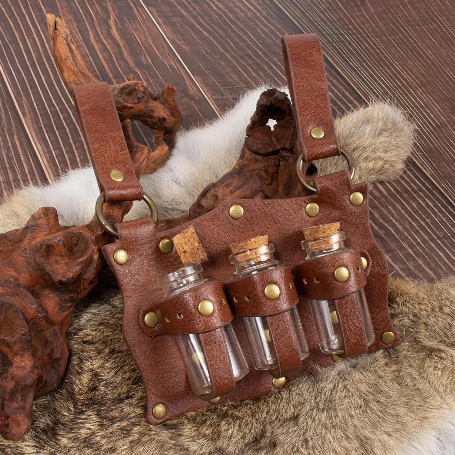 Belt Pouch Waist Bag Fanny Pack Steampunk Phone Holder Medieval Bag Leather Belt Renaissance Cosplay Costume Accessories (3Bottle-New/Brown)