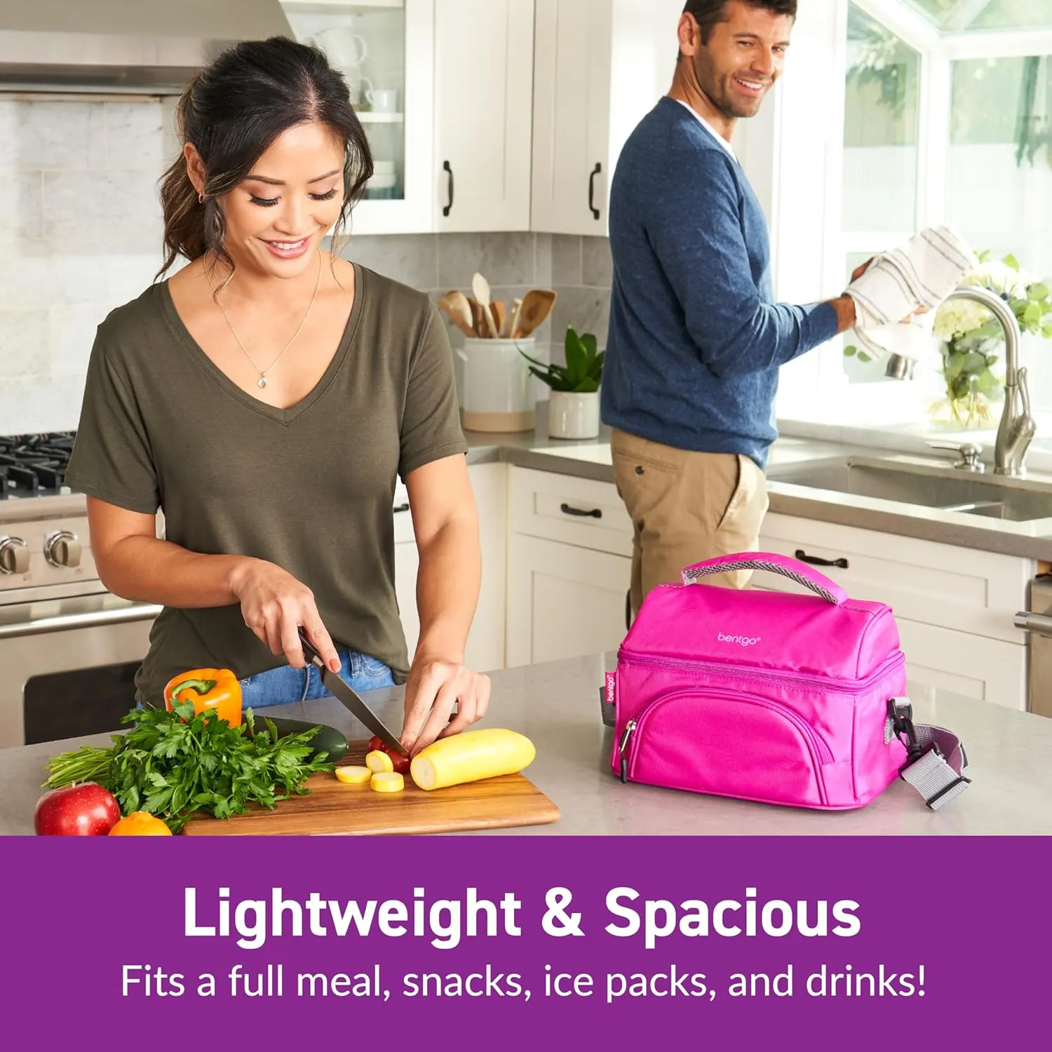 Bentgo Deluxe Lunch Bag - Durable and Insulated Lunch Tote with Zippered Outer Pocket, Internal Mesh Pocket, Padded & Adjustable Straps, & 2-Way Zippers - Fits Most Lunch Boxes (Purple)