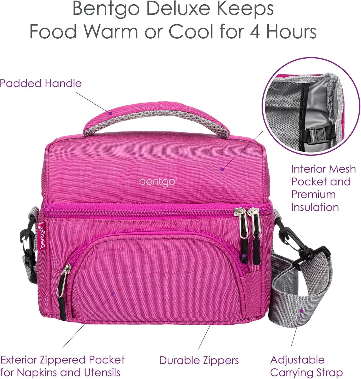 Bentgo Deluxe Lunch Bag - Durable and Insulated Lunch Tote with Zippered Outer Pocket, Internal Mesh Pocket, Padded & Adjustable Straps, & 2-Way Zippers - Fits Most Lunch Boxes (Purple)