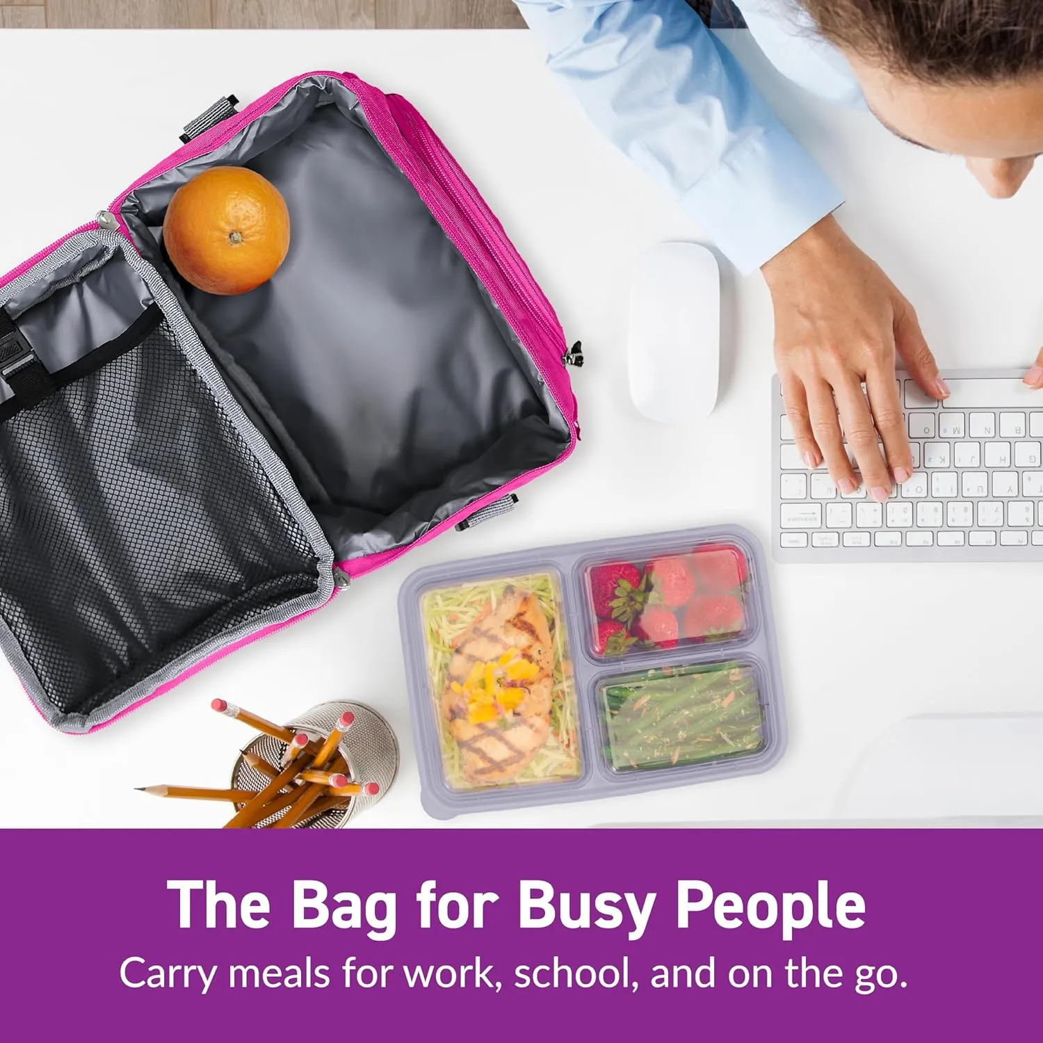 Bentgo Deluxe Lunch Bag - Durable and Insulated Lunch Tote with Zippered Outer Pocket, Internal Mesh Pocket, Padded & Adjustable Straps, & 2-Way Zippers - Fits Most Lunch Boxes (Purple)