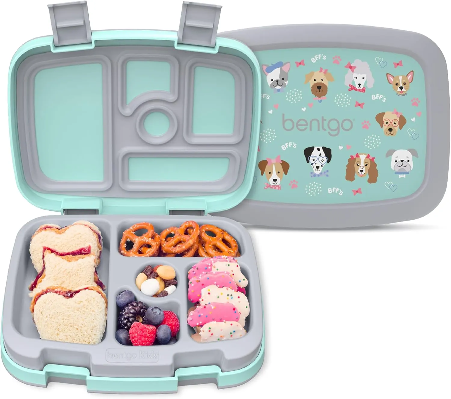 Bentgo Kids Prints Leak-Proof, 5-Compartment Bento-Style Kids Lunch Box - Ideal Portion Sizes for Ages 3-7, Durable, Drop-Proof, Dishwasher Safe, & Made with BPA-Free Materials (Puppy Love)