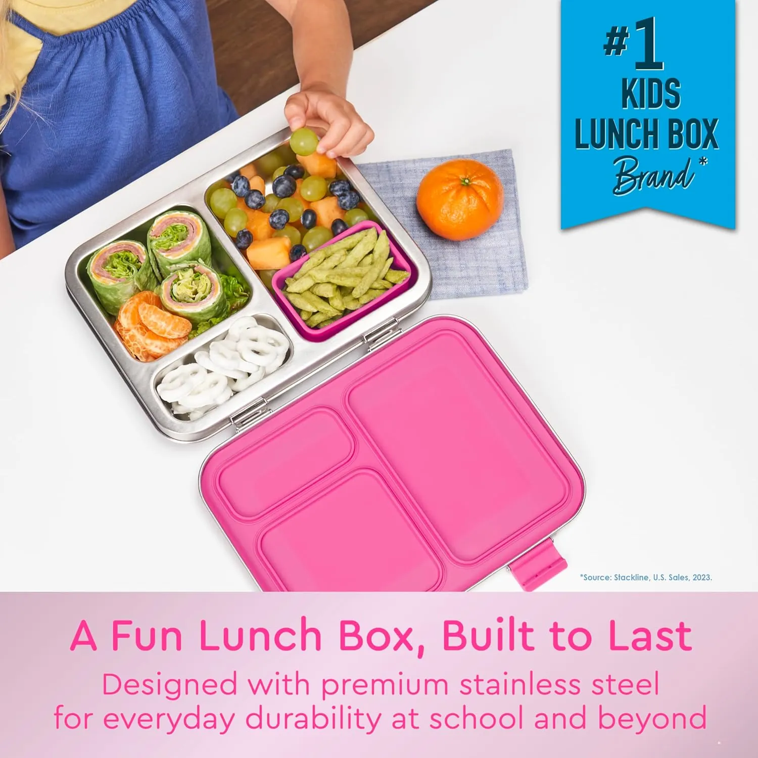 Bentgo Kids Stainless Steel Leak-Resistant Lunch Box - 3-Compartments with Bonus Silicone Container, Durable, Eco-Friendly, Dishwasher Safe, BPA-Free, Ideal for School, Ages 3  (Fuchsia)