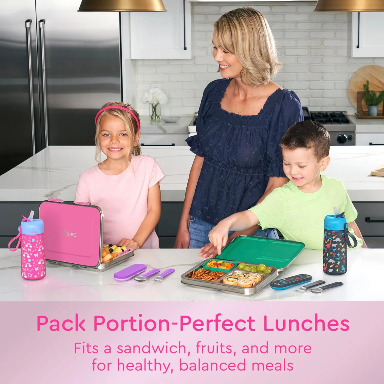 Bentgo Kids Stainless Steel Leak-Resistant Lunch Box - 3-Compartments with Bonus Silicone Container, Durable, Eco-Friendly, Dishwasher Safe, BPA-Free, Ideal for School, Ages 3  (Fuchsia)