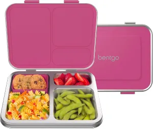 Bentgo Kids Stainless Steel Leak-Resistant Lunch Box - 3-Compartments with Bonus Silicone Container, Durable, Eco-Friendly, Dishwasher Safe, BPA-Free, Ideal for School, Ages 3  (Fuchsia)
