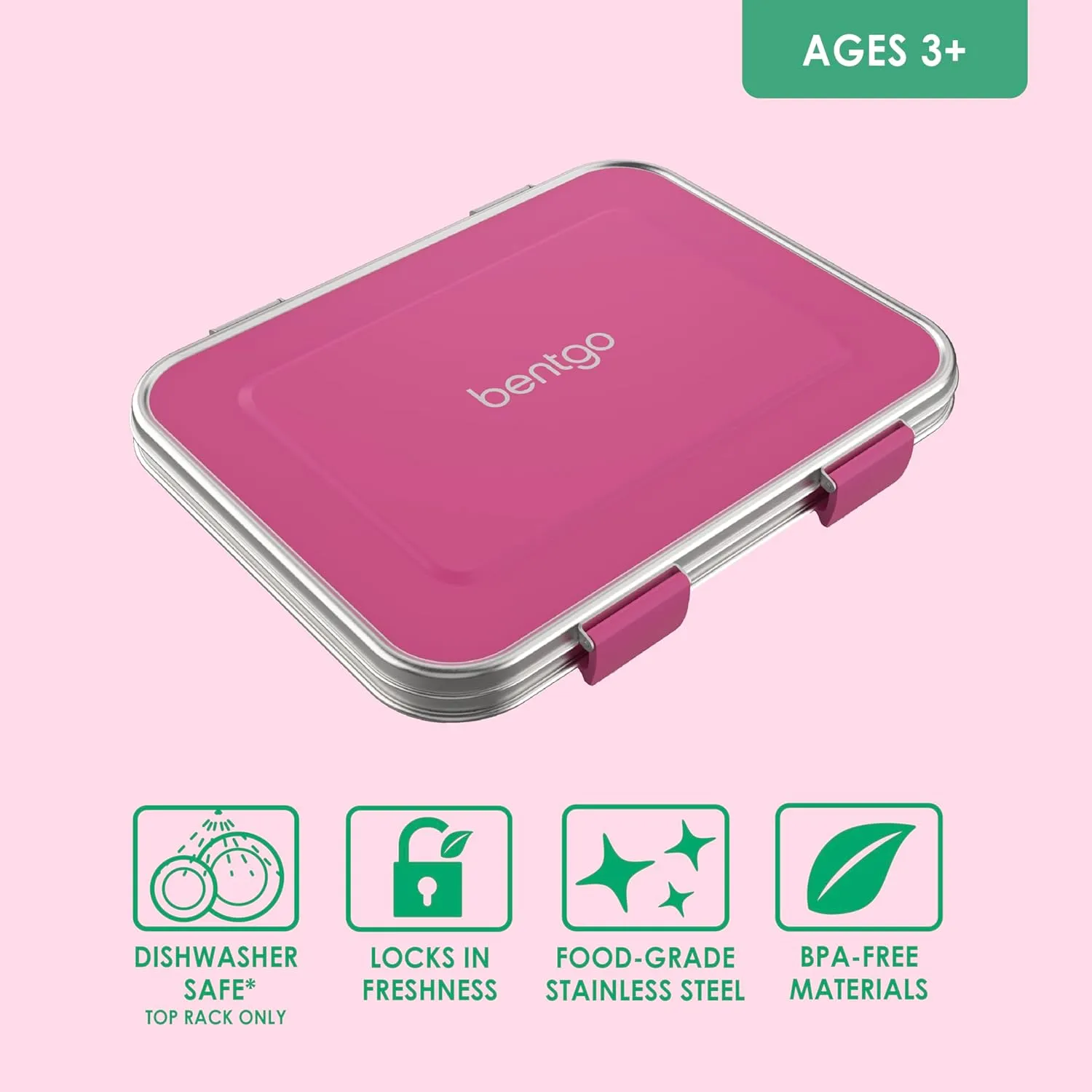 Bentgo Kids Stainless Steel Leak-Resistant Lunch Box - 3-Compartments with Bonus Silicone Container, Durable, Eco-Friendly, Dishwasher Safe, BPA-Free, Ideal for School, Ages 3  (Fuchsia)