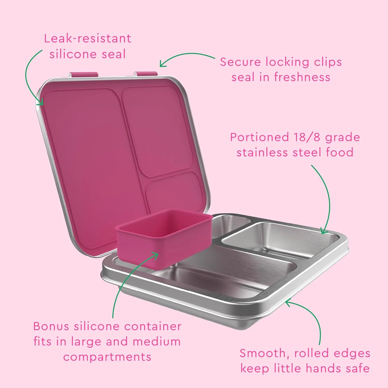 Bentgo Kids Stainless Steel Leak-Resistant Lunch Box - 3-Compartments with Bonus Silicone Container, Durable, Eco-Friendly, Dishwasher Safe, BPA-Free, Ideal for School, Ages 3  (Fuchsia)