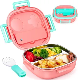Bento Box for Kids,Stainless Steel-2-Compartment - Complete Lunch Set with Portable Cutlery - Ideal for Children Under 3 Years Old - Dishwasher Safe & BPA-Free(Pink)