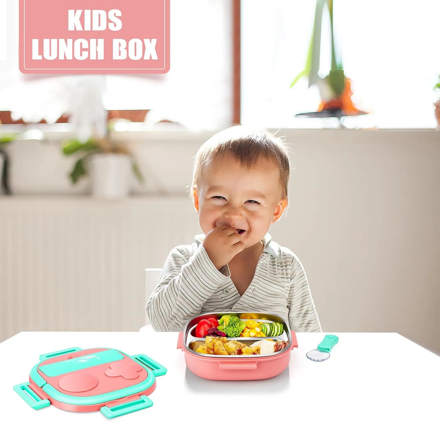 Bento Box for Kids,Stainless Steel-2-Compartment - Complete Lunch Set with Portable Cutlery - Ideal for Children Under 3 Years Old - Dishwasher Safe & BPA-Free(Pink)