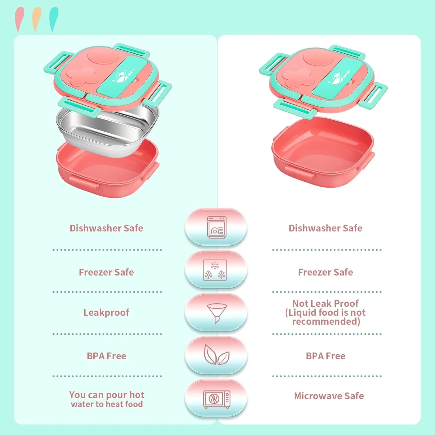 Bento Box for Kids,Stainless Steel-2-Compartment - Complete Lunch Set with Portable Cutlery - Ideal for Children Under 3 Years Old - Dishwasher Safe & BPA-Free(Pink)