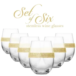 Berkware Luxurious Stemless Wine Glasses with Sparkling "Diamond" Studded Design (Gold) Set of 6