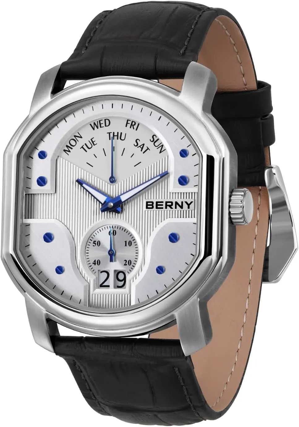 BERNY Vintage Men Watch Swiss Quartz Movement Retro Wristwatch for Men 3ATM Waterproof Wine Barrel Shaped Day Date Calendar Male Classic Watch