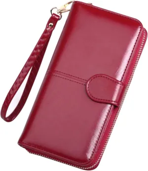 BESPORTBLE Zipped Wallet Phone Case Snap Closure Purse Oil Wax Leather Long Wallet Comfortable Feel Safe for Daily Use (wine)