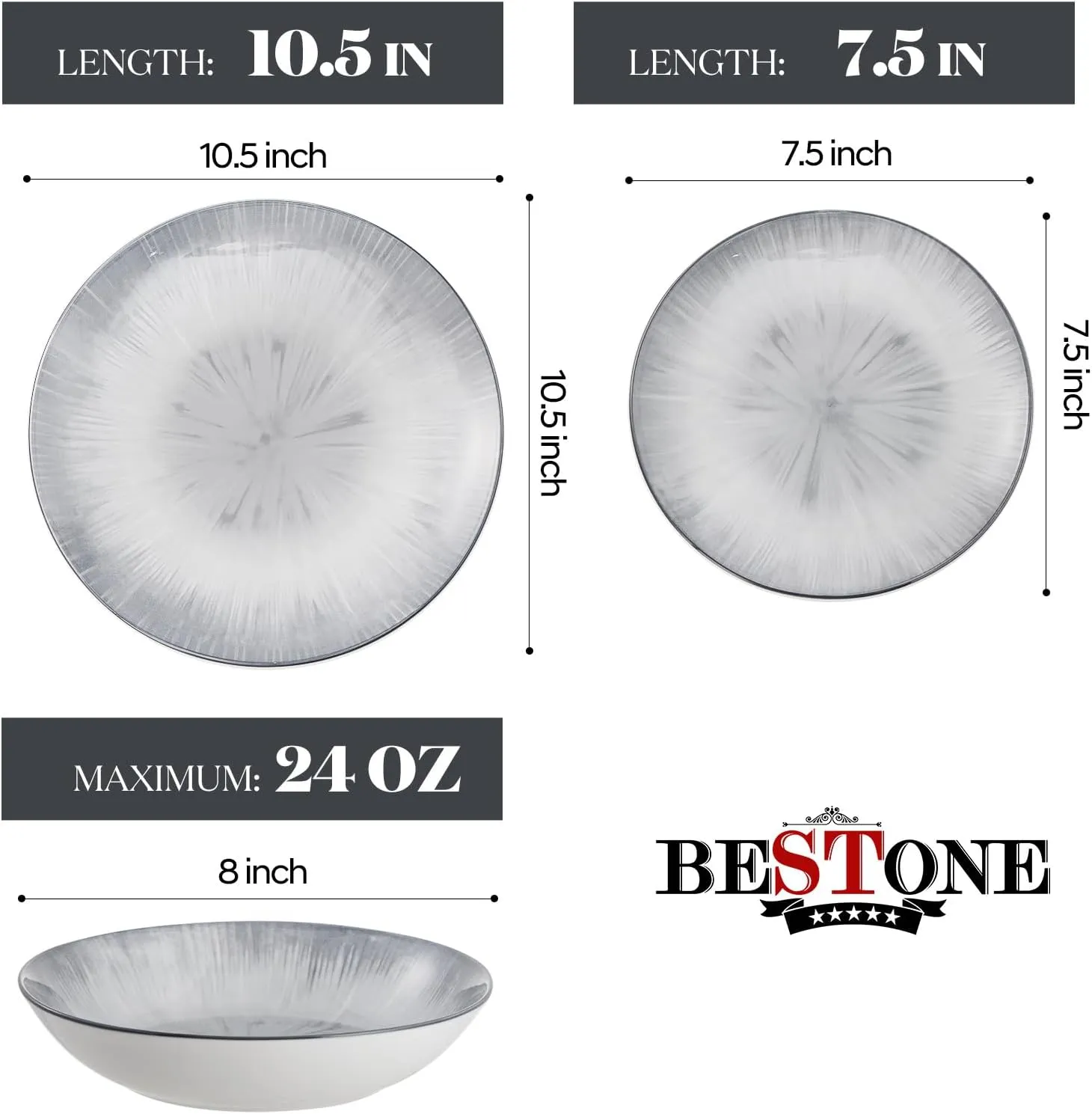 Bestone 12 Piece Round Kitchen Dinnerware Sets,Plates and Bowls sets,Dishes, Plates, Bowls, Dish Set，Plates and Bowls,Service for 4, Chip Resistant Porcelain (gray)