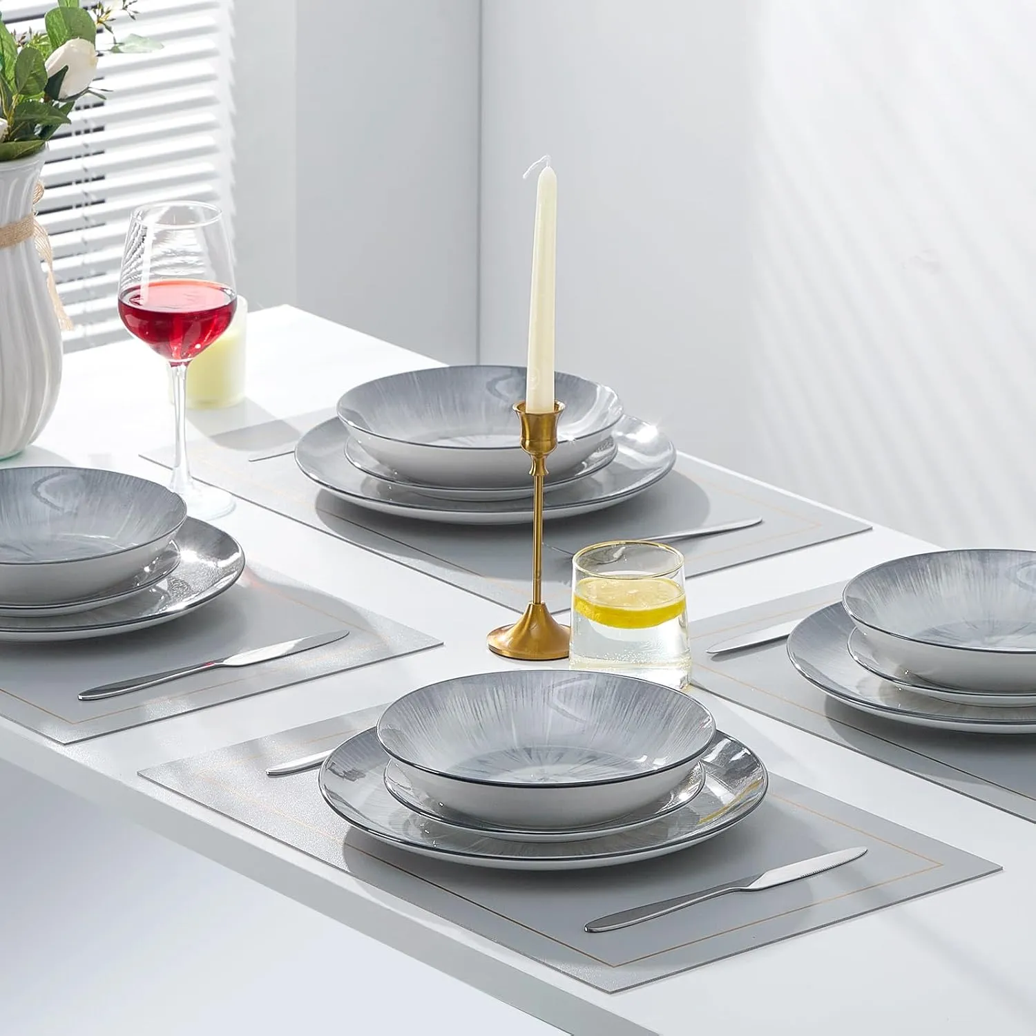 Bestone 12 Piece Round Kitchen Dinnerware Sets,Plates and Bowls sets,Dishes, Plates, Bowls, Dish Set，Plates and Bowls,Service for 4, Chip Resistant Porcelain (gray)