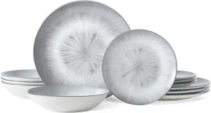 Bestone 12 Piece Round Kitchen Dinnerware Sets,Plates and Bowls sets,Dishes, Plates, Bowls, Dish Set，Plates and Bowls,Service for 4, Chip Resistant Porcelain (gray)