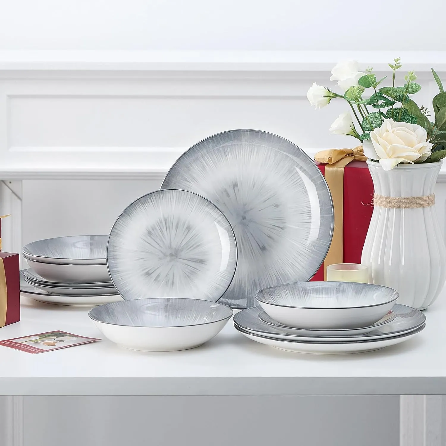 Bestone 12 Piece Round Kitchen Dinnerware Sets,Plates and Bowls sets,Dishes, Plates, Bowls, Dish Set，Plates and Bowls,Service for 4, Chip Resistant Porcelain (gray)