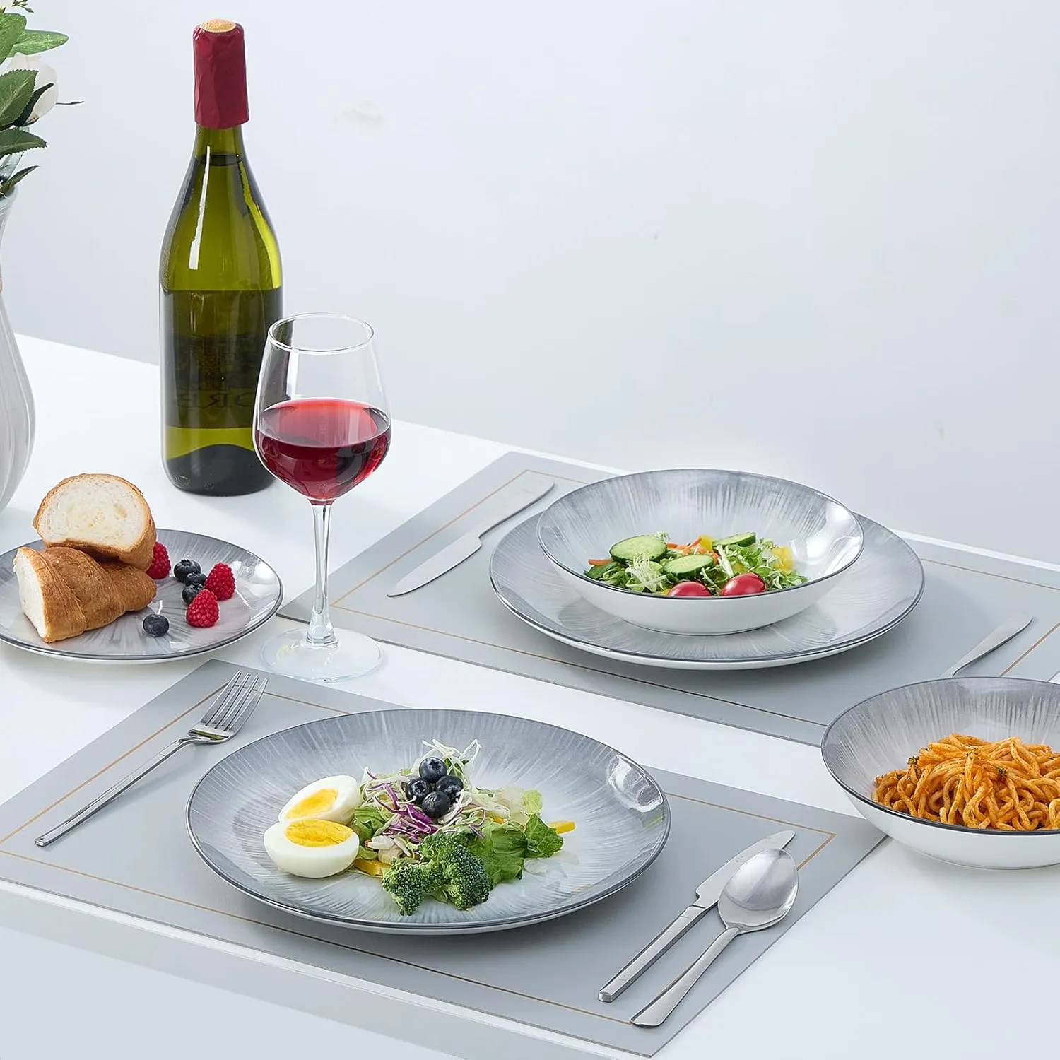 Bestone 12 Piece Round Kitchen Dinnerware Sets,Plates and Bowls sets,Dishes, Plates, Bowls, Dish Set，Plates and Bowls,Service for 4, Chip Resistant Porcelain (gray)