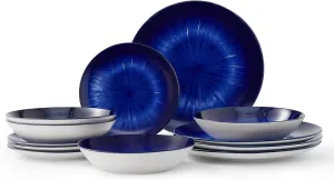 Bestone 12 Piece Round Kitchen Dinnerware Sets,Plates and Bowls sets,Dishes, Plates, Bowls, Dish Set，Plates and Bowls,Service for 4, Chip Resistant Porcelain ，Starburst Turquoise Dark Blue