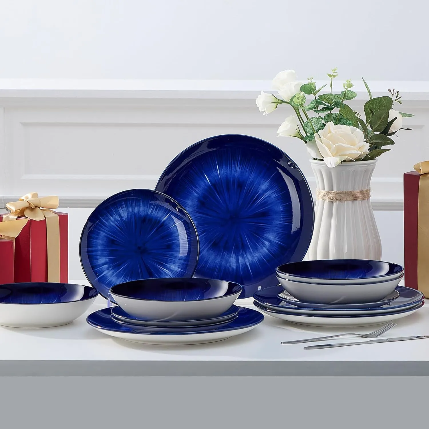 Bestone 12 Piece Round Kitchen Dinnerware Sets,Plates and Bowls sets,Dishes, Plates, Bowls, Dish Set，Plates and Bowls,Service for 4, Chip Resistant Porcelain ，Starburst Turquoise Dark Blue