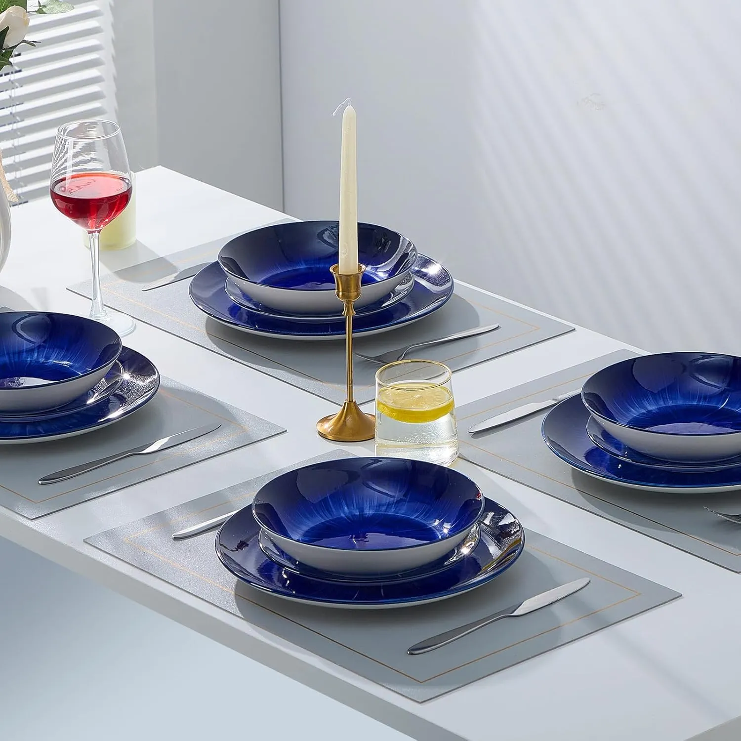 Bestone 12 Piece Round Kitchen Dinnerware Sets,Plates and Bowls sets,Dishes, Plates, Bowls, Dish Set，Plates and Bowls,Service for 4, Chip Resistant Porcelain ，Starburst Turquoise Dark Blue