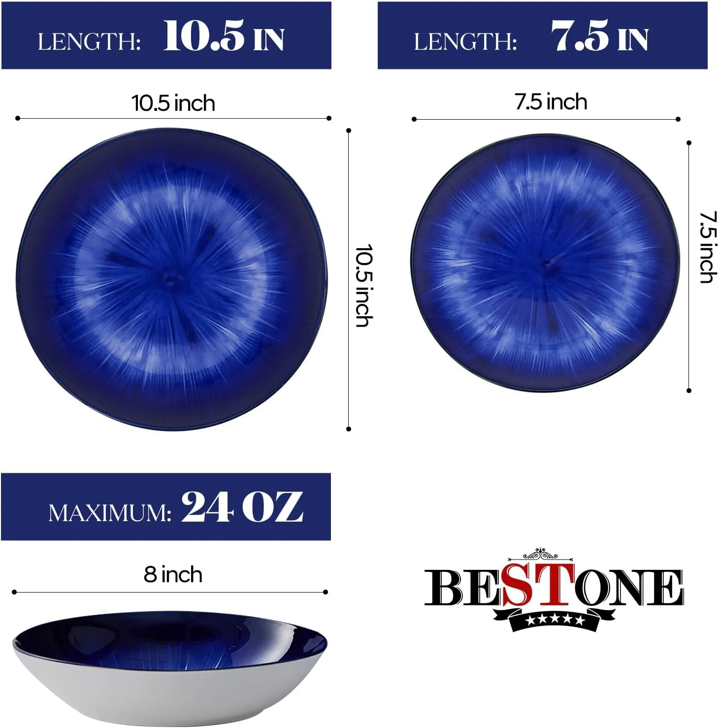 Bestone 12 Piece Round Kitchen Dinnerware Sets,Plates and Bowls sets,Dishes, Plates, Bowls, Dish Set，Plates and Bowls,Service for 4, Chip Resistant Porcelain ，Starburst Turquoise Dark Blue