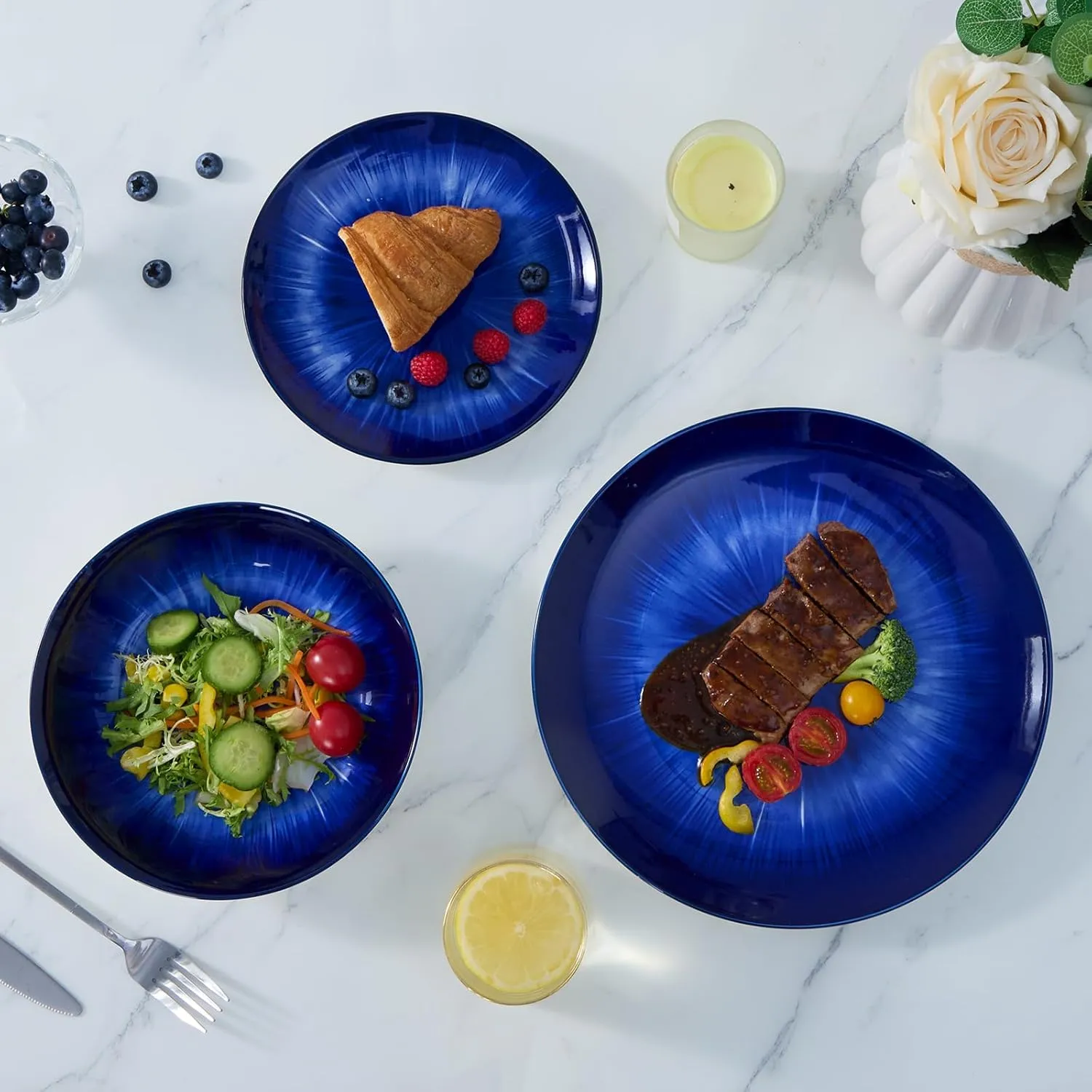 Bestone 12 Piece Round Kitchen Dinnerware Sets,Plates and Bowls sets,Dishes, Plates, Bowls, Dish Set，Plates and Bowls,Service for 4, Chip Resistant Porcelain ，Starburst Turquoise Dark Blue