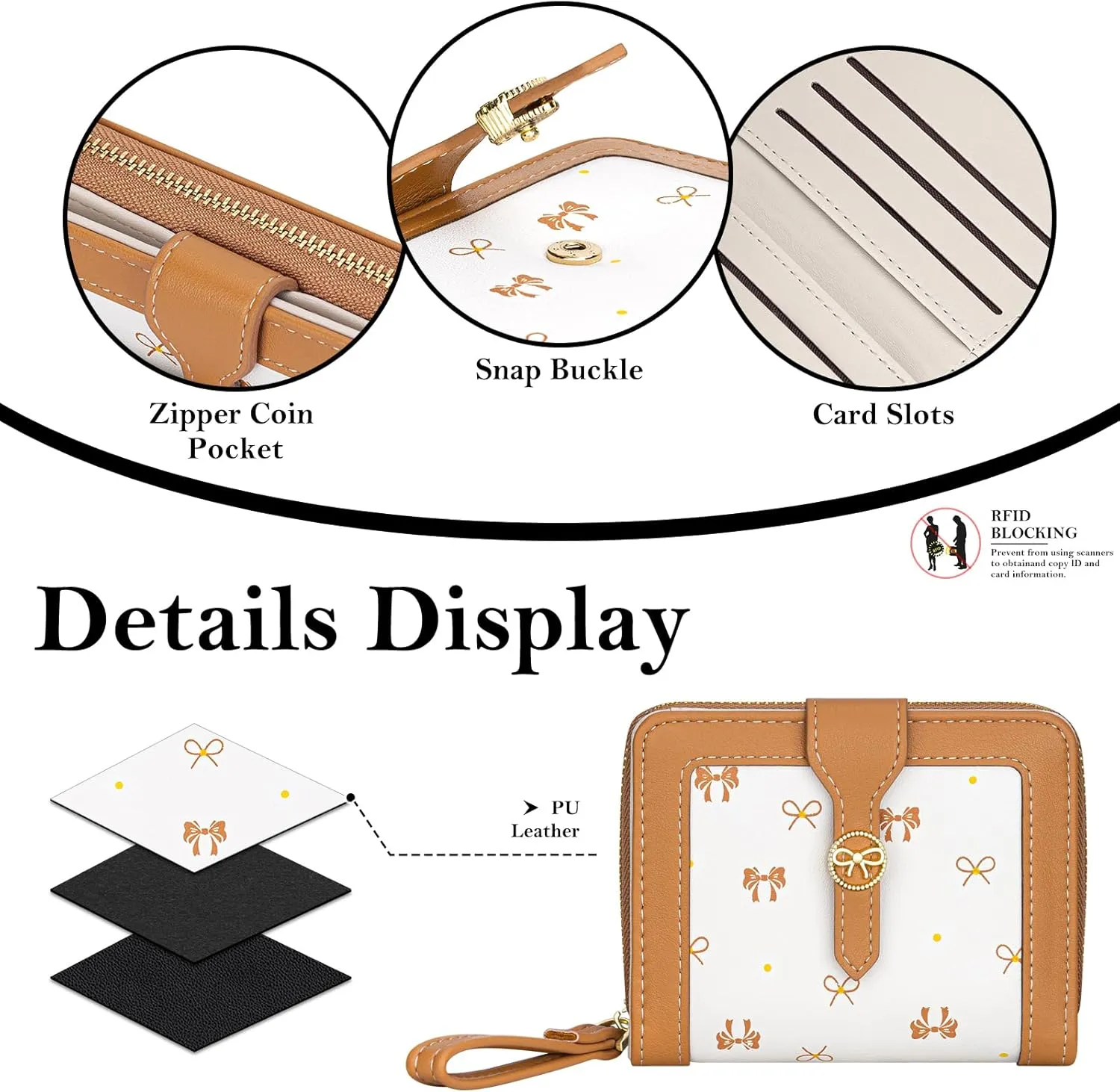 BIAOTIE Bow Women's Wallet Cute Bifold Zipper Around Wallet for Women RFID Credit Card Holder Purse for Ladies Aesthetic Leather Card Holder Purse